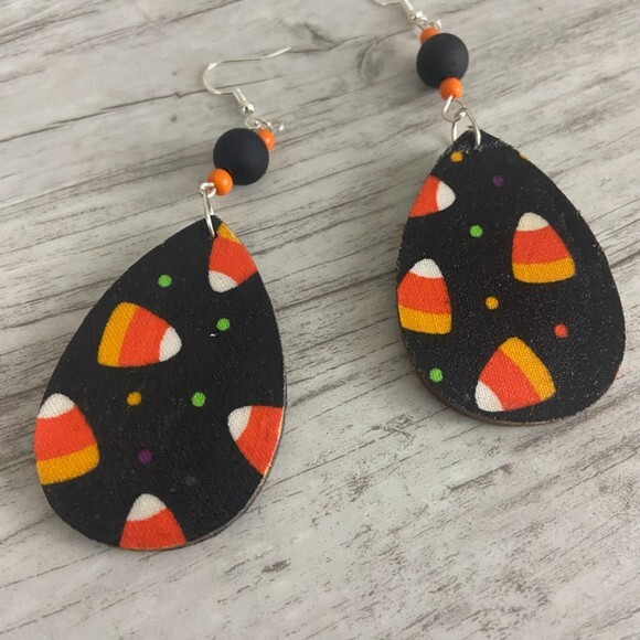 Candy Corn Earrings Black Orange Tear Drop Dangle Beaded French Wire Silver - Picture 2 of 9